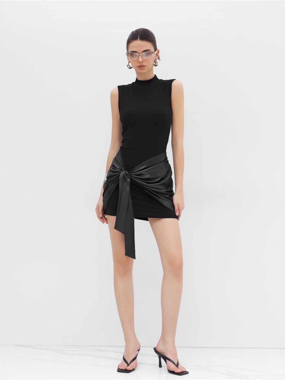 High Neck Ruched Knotted Mini Dress